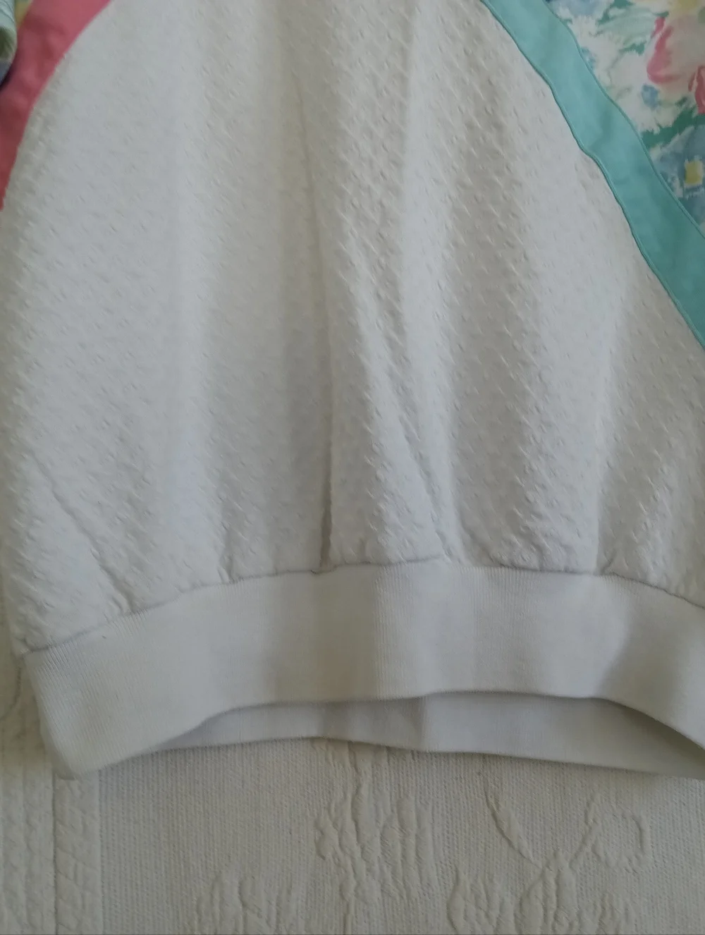 Koret White Floral Panel Colorblock Sweater Vintage Pastel Pink Blue Textured LG - Picture 4 of 12